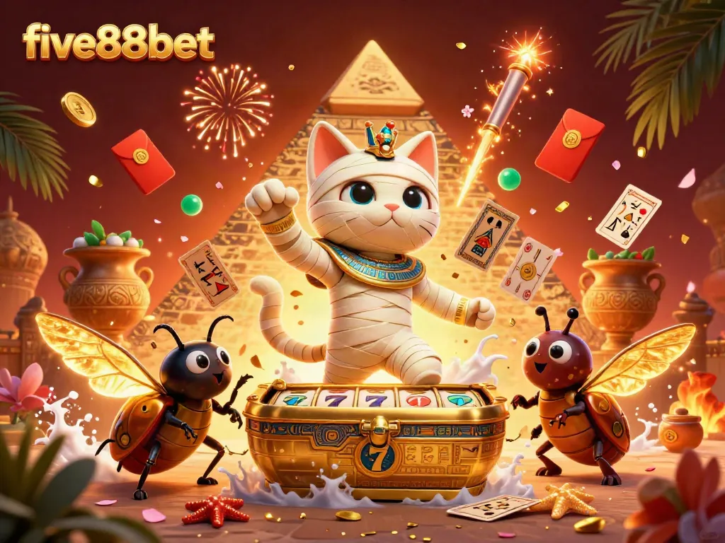 Experience the thrill of five88bet with a vibrant 3D scene featuring a mummy cat and casino elements.