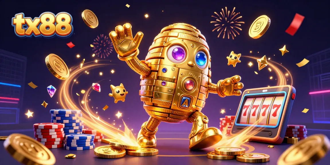 Experience the excitement of tx88 with a vibrant 3D casino scene showcasing golden golems and slots.