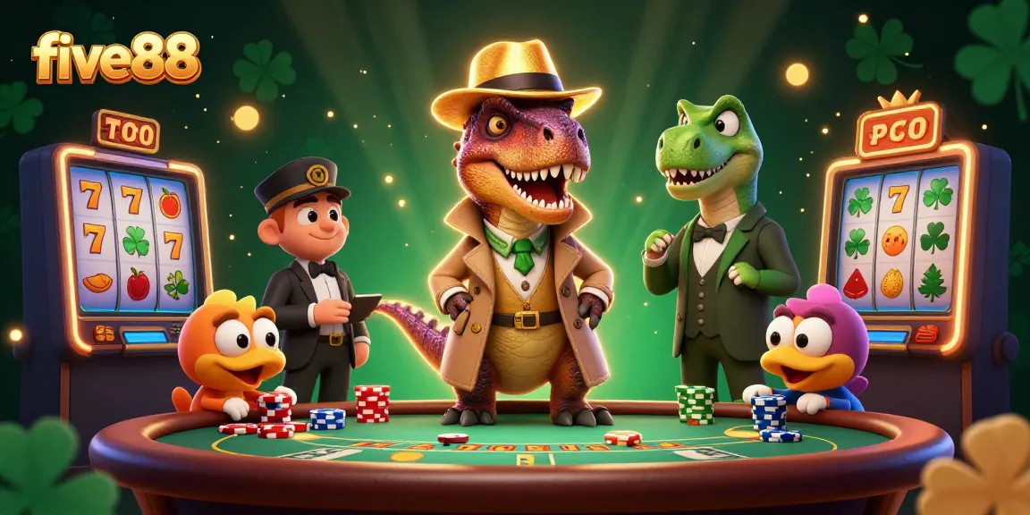 Engaging five88 scene with a velociraptor at blackjack, adding excitement to gaming dynamics.