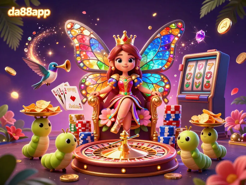 Experience the excitement of da88app with a 3D scene featuring a butterfly queen, roulette, and vibrant casino elements.