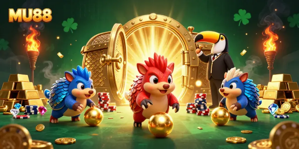 Experience the thrill of MU88 with dynamic pangolins rolling into golden poker chips in this vibrant casino scene.