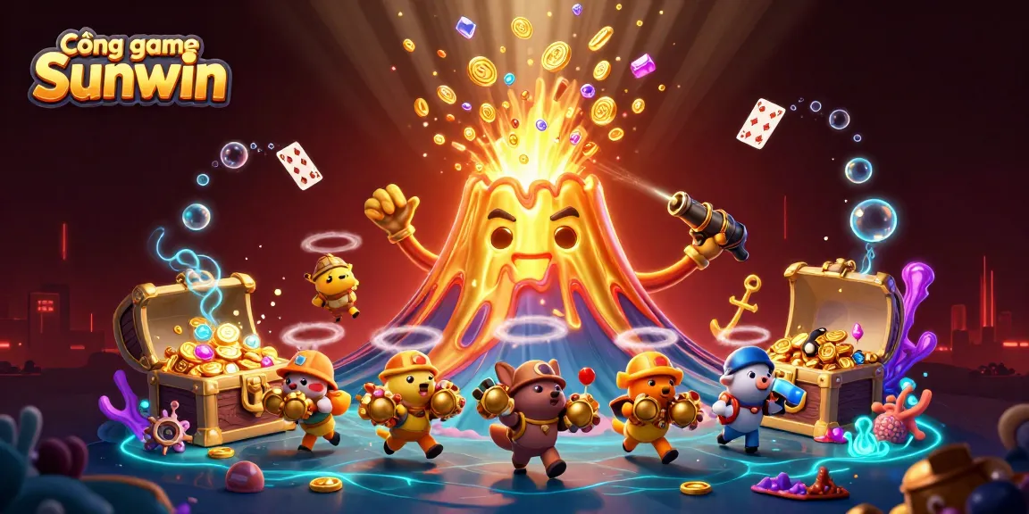 Cổng game Sunwin showcases a vibrant underwater treasure scene with a glowing golden volcano erupting coins, engaging characters, and dynamic game elements.