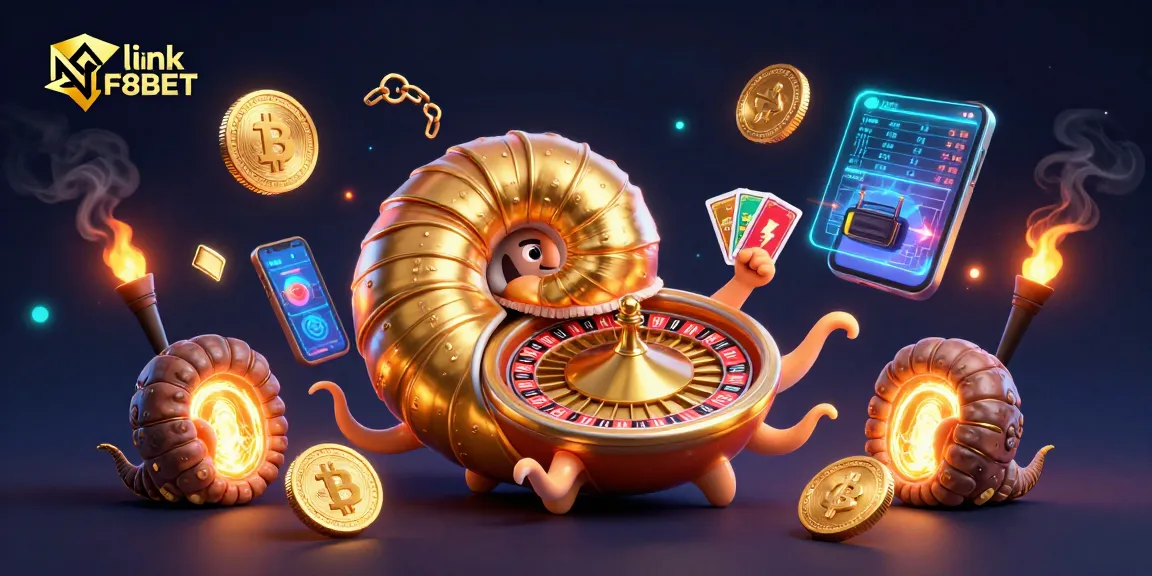 Engage with link F8BET in a vibrant casino scene featuring a giant nautilus roulette wheel.