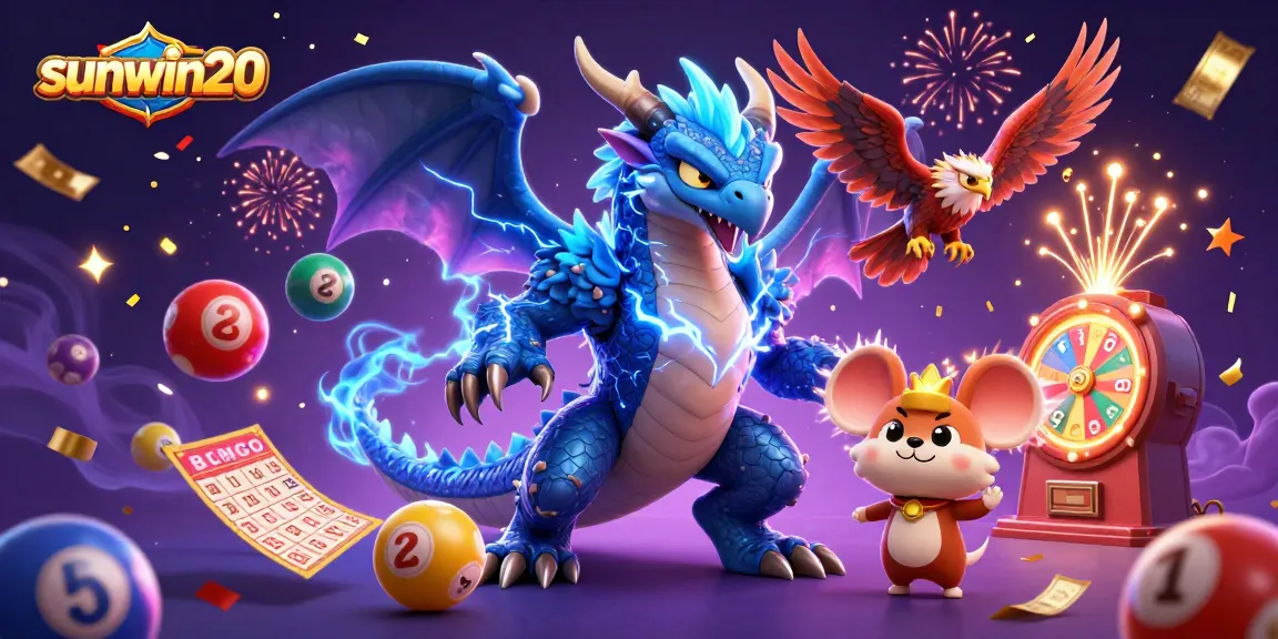 Experience the excitement of sunwin20 with thrilling characters and vibrant casino elements in this dynamic illustration.