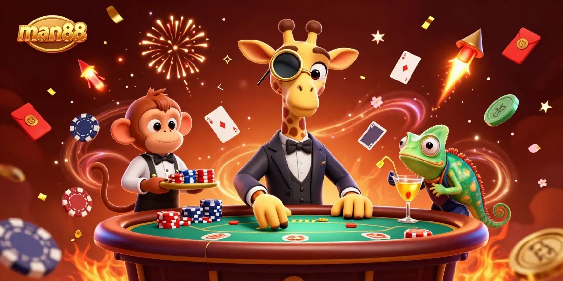 Experience the excitement of man88 with high-roller giraffe and lively casino characters in vibrant action.