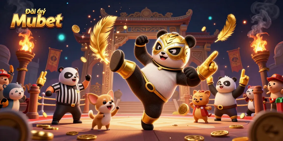 Experience exhilarating action with Đại lý Mubet as a panda wrestler performs a kick amid a vibrant gambling arena.