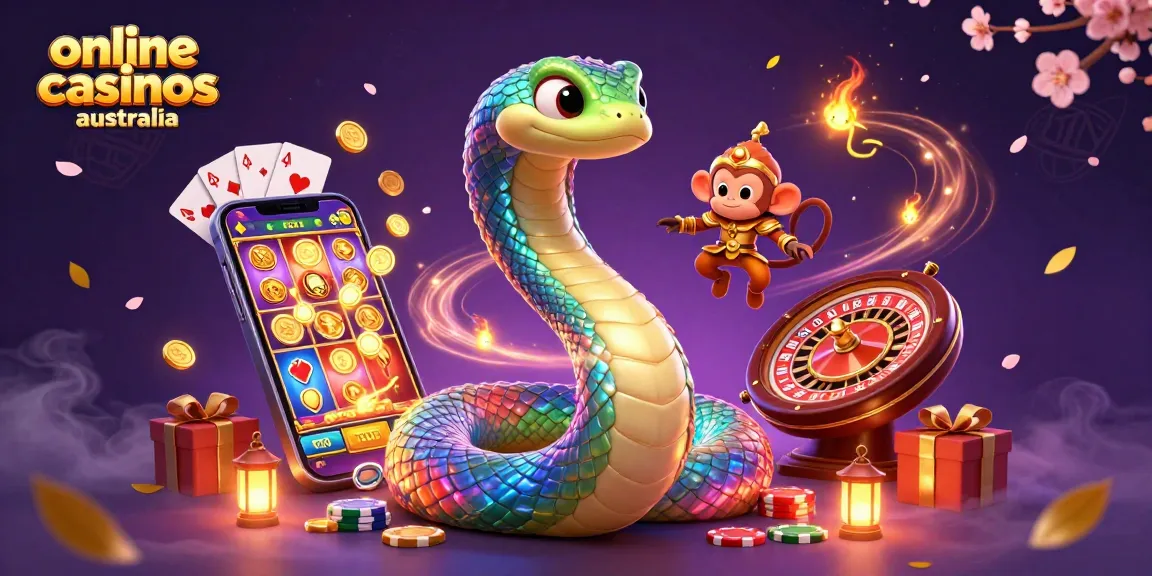 Engaging illustration highlighting online casinos Australia with vibrant gaming elements and magical characters.
