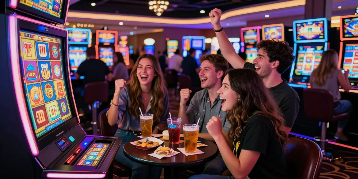 Excited friends celebrating a win at the slot gacor machine in a lively casino environment.